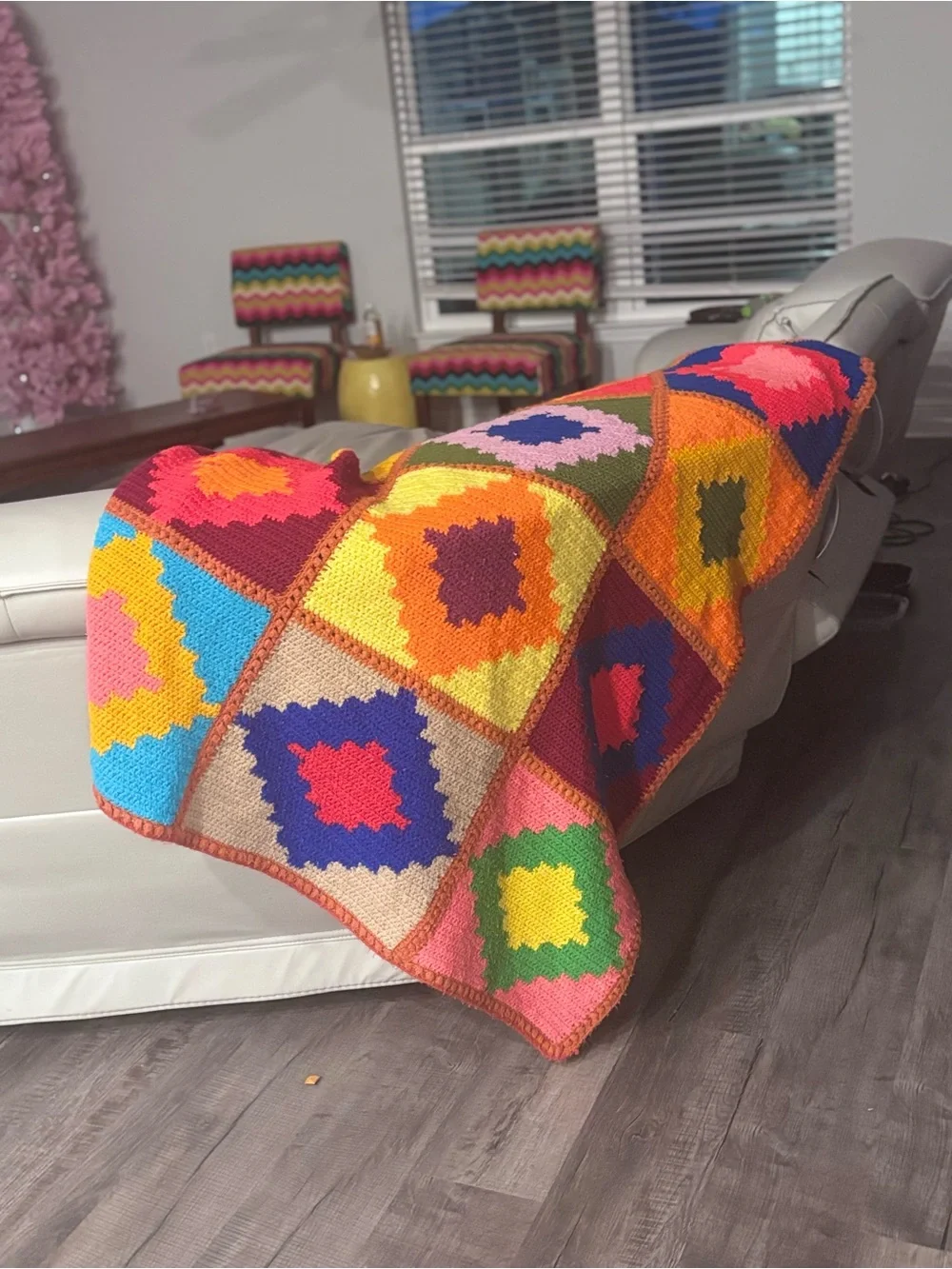 Handmade Crochet Granny Square Throw Blanket 1970s Dopamine Colorblock Afghan